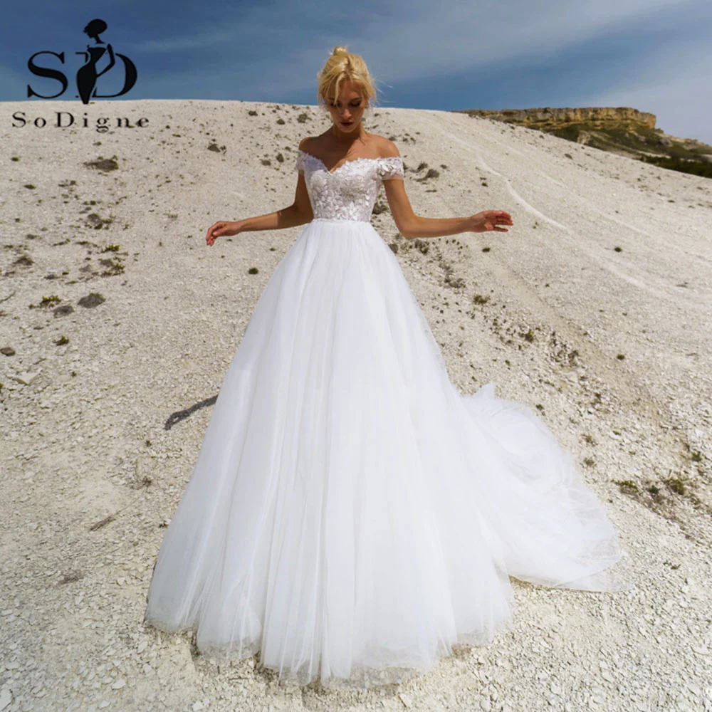 

SoDigne Princess Boho Wedding Dress Off The Shoulder Top Lace Tulle Vintage Bridal Gowns Wedding Formal Dress
