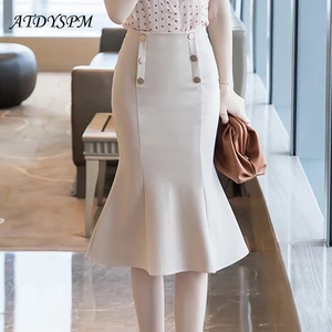 Юбка Женская средней длины с завышенной талией, Элегантная Модная однобортная эластичная офисная юбка-русалка, размера плюс, черный, абрикосовый цвета, 2021