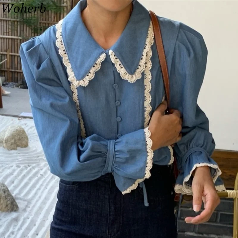 Woherb Корейская винтажная блузка женские шикарные кружевные блузки отложной