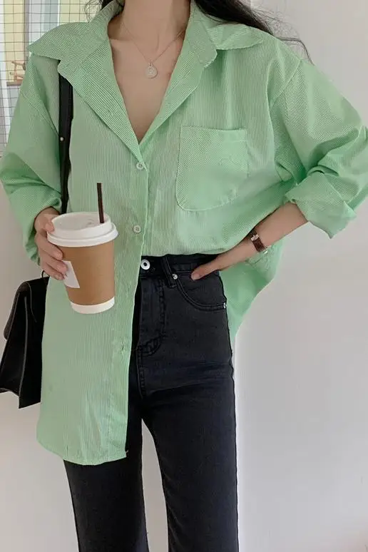 

Chic Loose Light Blue Stripe Shirts Women 2021 Spring Casual Turn-down Collar Full Sleeve Minimalist Blouse Famale
