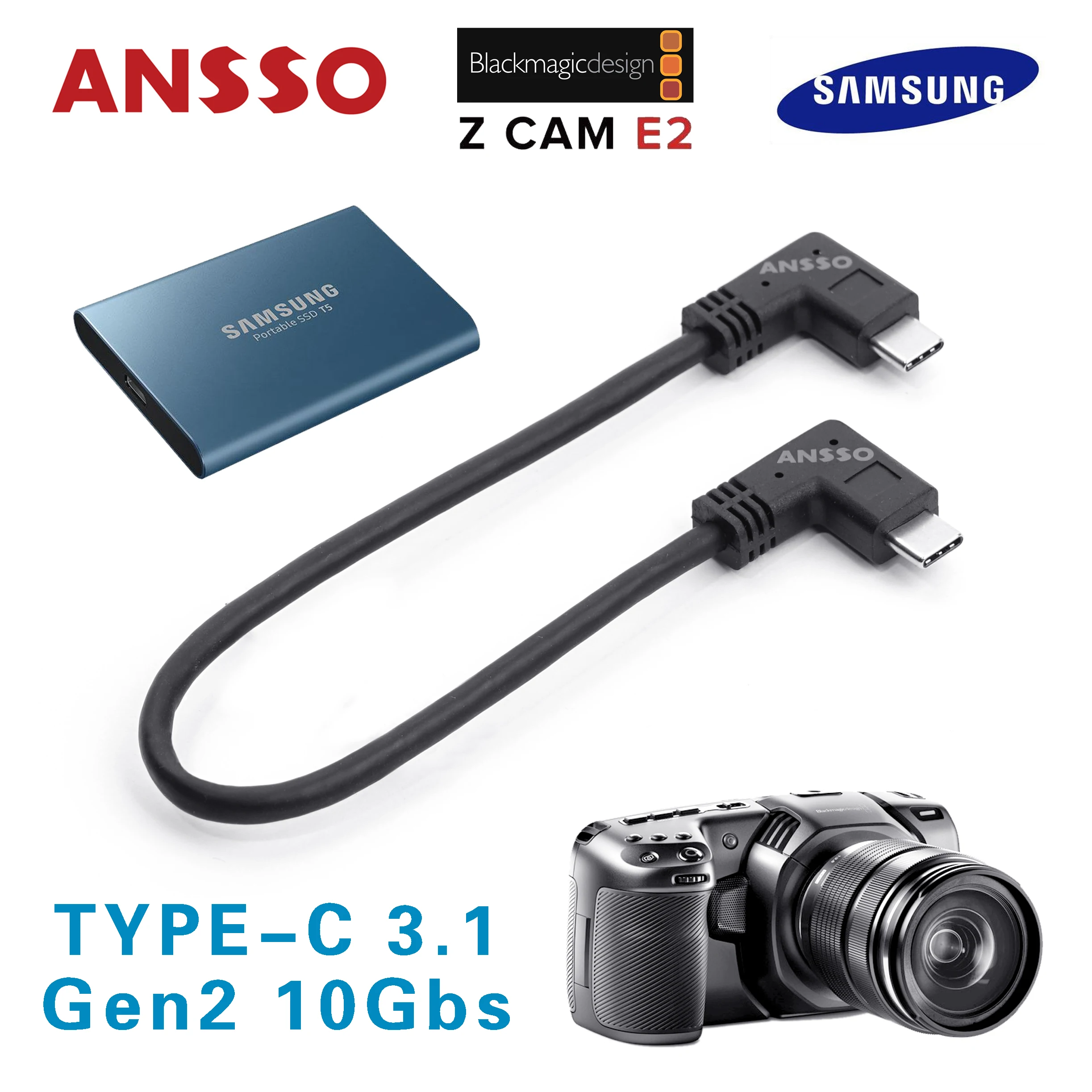 

D&W Ansso TYPE-C 3.1 SSD data cable URSA Mini 12K BMPCC Z CAM E2 Samsung T5 USB 3.1 Gen2 10Gb/s support 100W（PD 20V 5A) 20cm