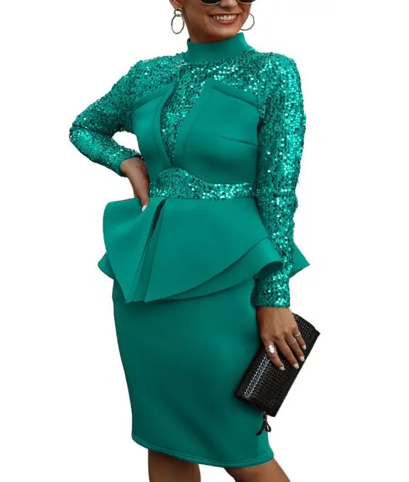 

2021 Autumn Design Sexy Women Dress 4 Color Solid Sequins Ruffles Full Sleeve Ladies Midi Dress