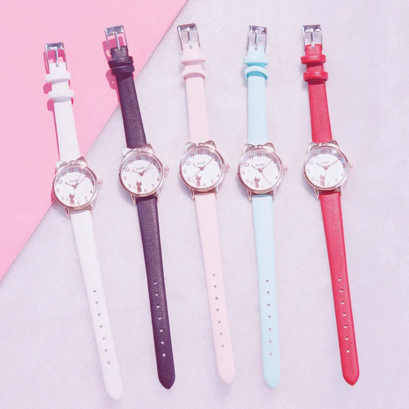 

New Girl Quartz Watch Student Children Wristwatch Cat Ears Face Gifts for Kids Girl ulzzang With Box Clock