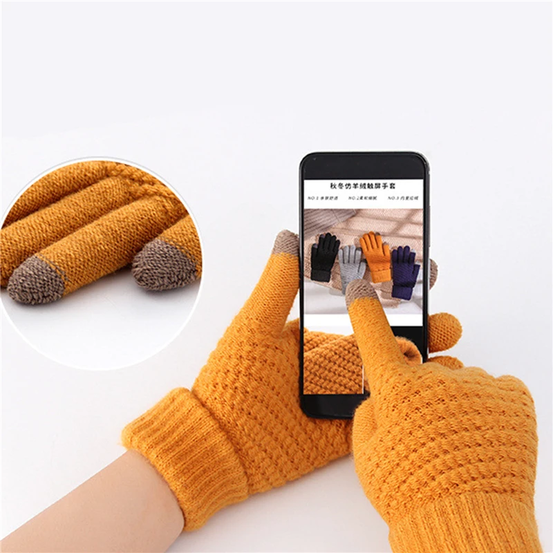

Fashion Winter Touch Screen Gloves Imitation Wool Full Finger Guantes Female Crochet Thicken Men Women Warm Stretch Knit Mittens