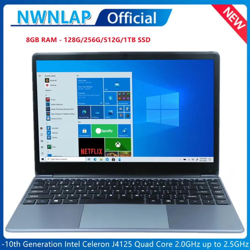 NWNLAP 14.1inch Laptop Intel j4125 DDR4 8GB RAM 128G/256G/512G/1TB SSD Keyboard Windows 10 1920x1080 Computer PC Notebook
