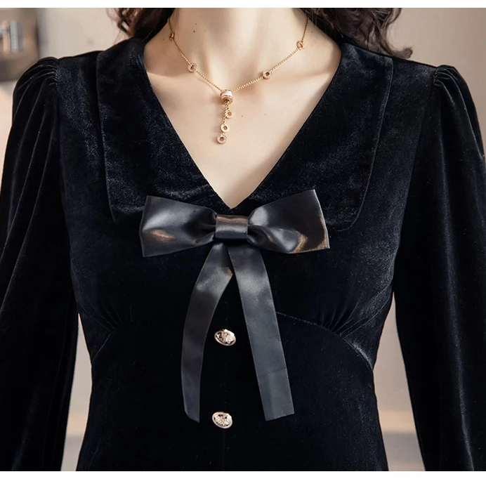TingYiLi Black Velvet Dress Autumn Winter Long Sleeve Elegant Ladies Dresses Vintage V-neck Short Party | Женская одежда
