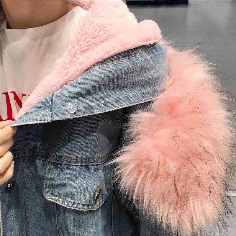 

women jean jacket Winter Thick Jean Jacket Faux Fur Collar Fleece Hooded Denim Coat Female Warm Denim Outwear Y54