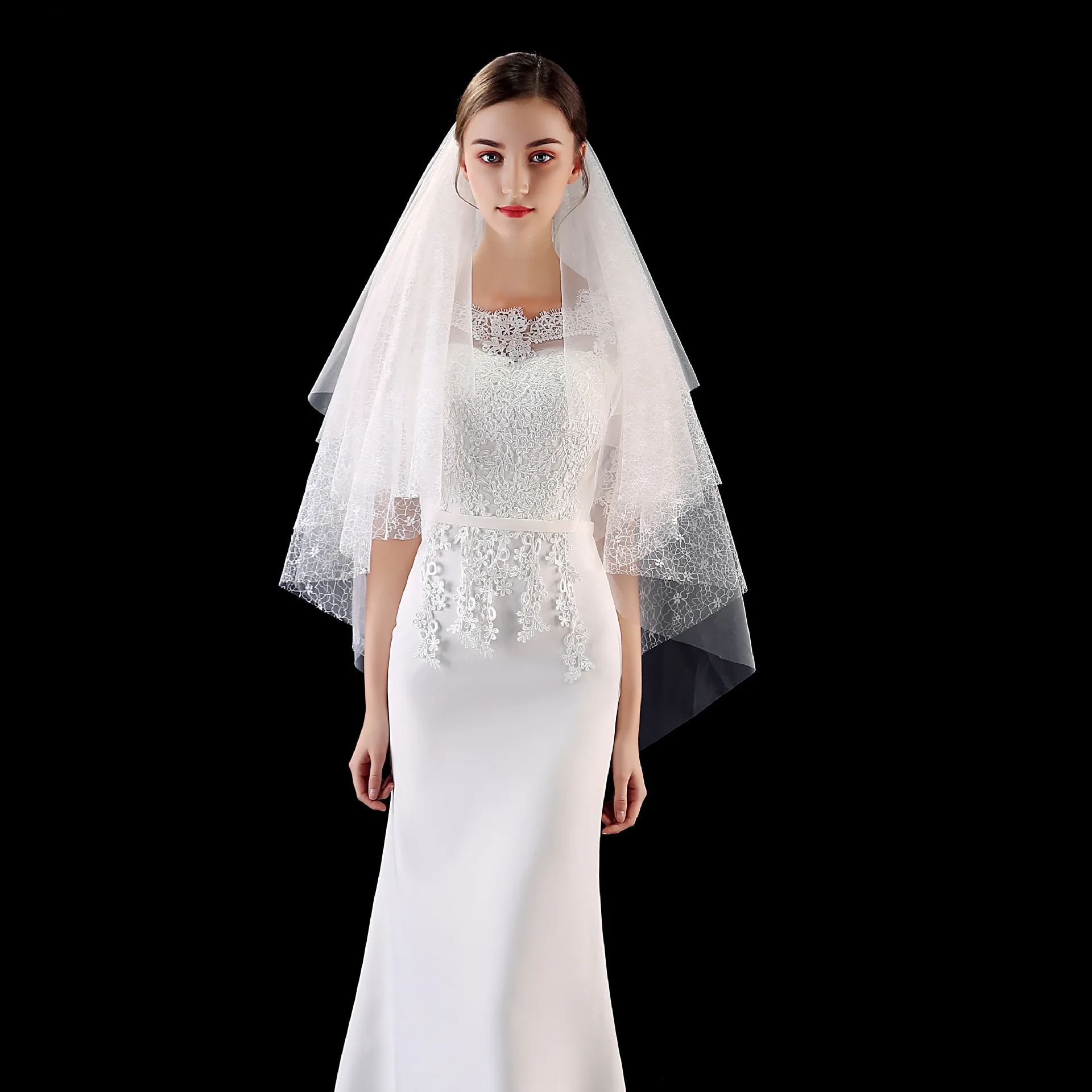 Beautiful 1Meters 4 Layer Flower Lace and tull Short Wedding Veil with Comb Bridal Accessories velos de novia | Свадьбы и торжества