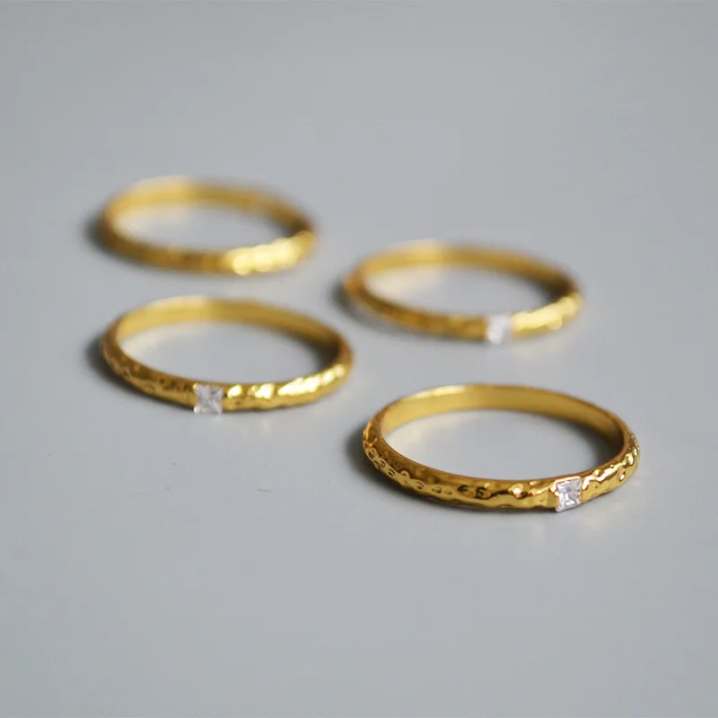 Amaiyllis 18k Gold Minimalist Retro Bump Texture Square Zircon Thin Rings Punk Rings Statement Jewelry