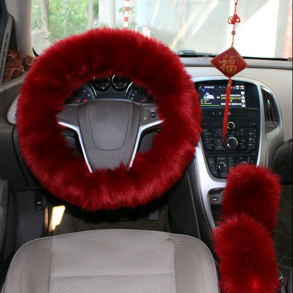 3Pcs/ Set Universal Car Fur Wool Furry Fluffy Thick Car Steering Wheel Cover Gear Knob Shifter Brake Red Wine Color Winter