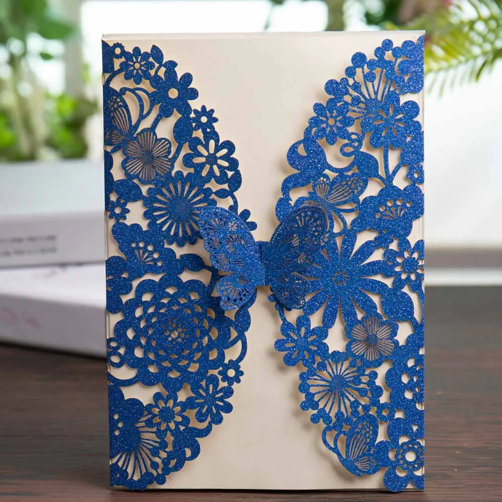 Glitter Royal Blue Wishmade образец 1 шт. цвета: золотистый, серебристый блеск и ярко-синего цвета на свадьбу с лазерной аппликацией Приглашения карты с бабочкой для вечерние свадебные сувениры - Цвет: Glitter Royal Blue