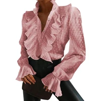 elegant women autumn long flared sleeve blouse ruffle buttons office shirt top