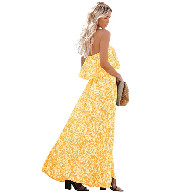 

2021 Summer Plus Size European And American Ladies Backless Tube Top Dress Printed Sleeveless High Split Printed Retro Dress