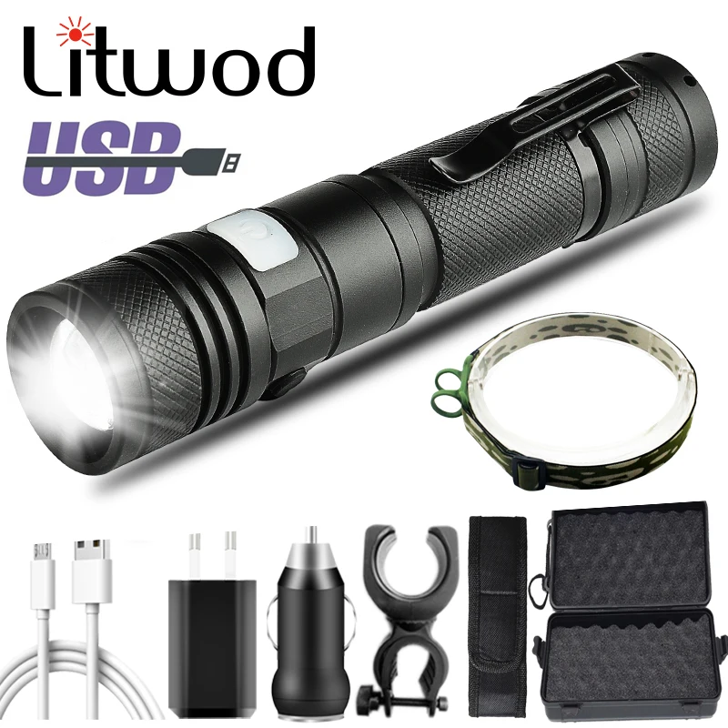 

Waterproof 18650 Battery Black Litwod XM-L2 U3 Led Flashlight USB Rechargeable Torch Adjustable Zoomable Focus 3 Switch Modes