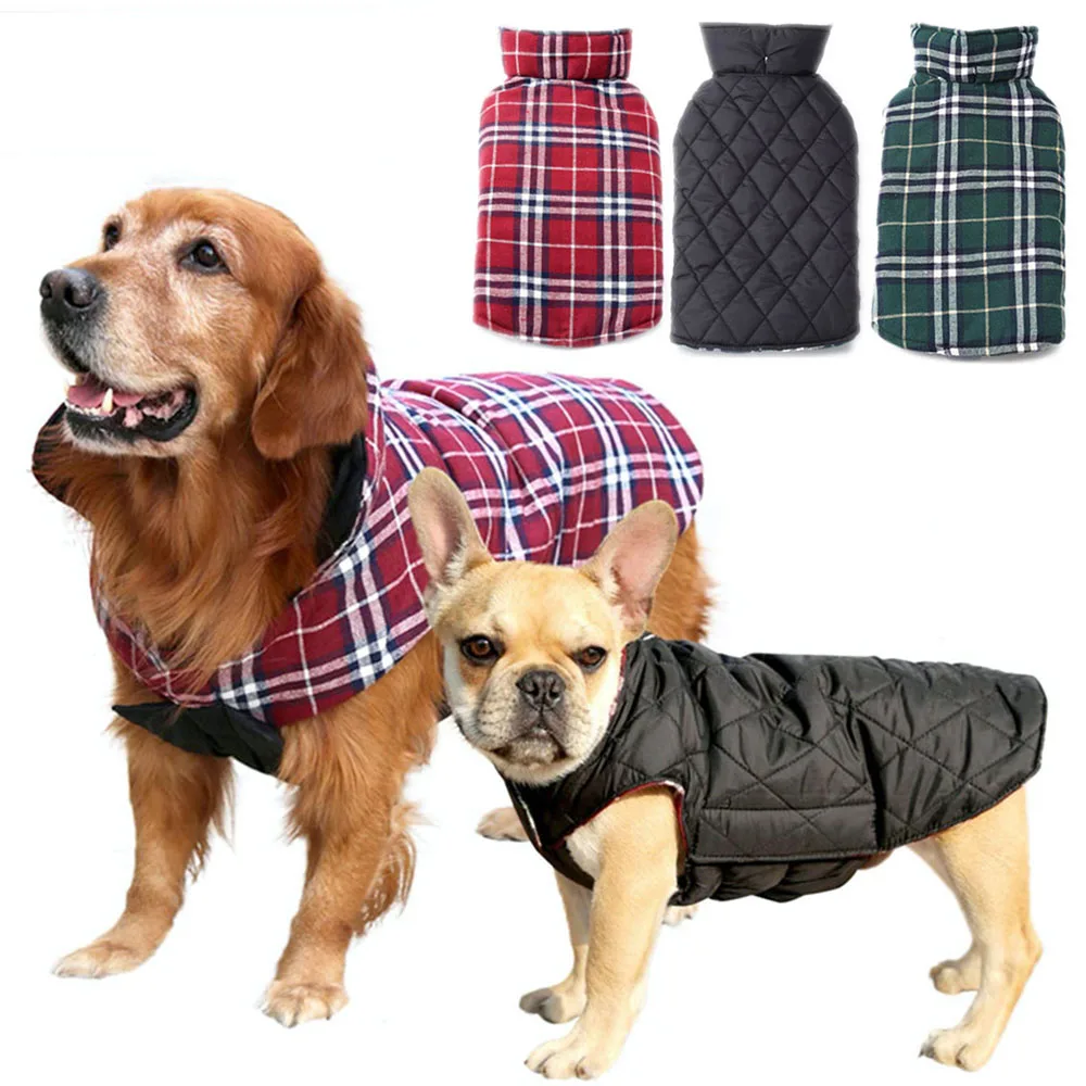 Зимний теплый жилет для собак Двусторонняя одежда домашних животных клетчатая