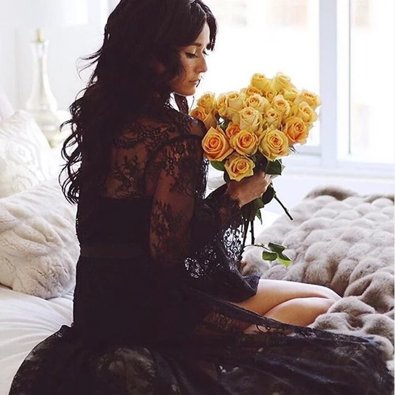 Женское кружевное платье макси с широким длинным рукавом однотонное черное