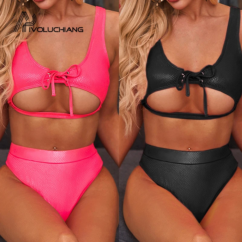 2020 женский купальник высокая талия крокодиловый принт на шнуровке с вырезами