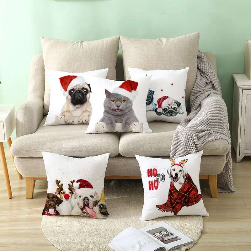

Cute Polyester Christmas Sofa Cushion Cover 45x45cm Pet Bulldog Cat Print Throw Pillow Case Home Bedroom Decor