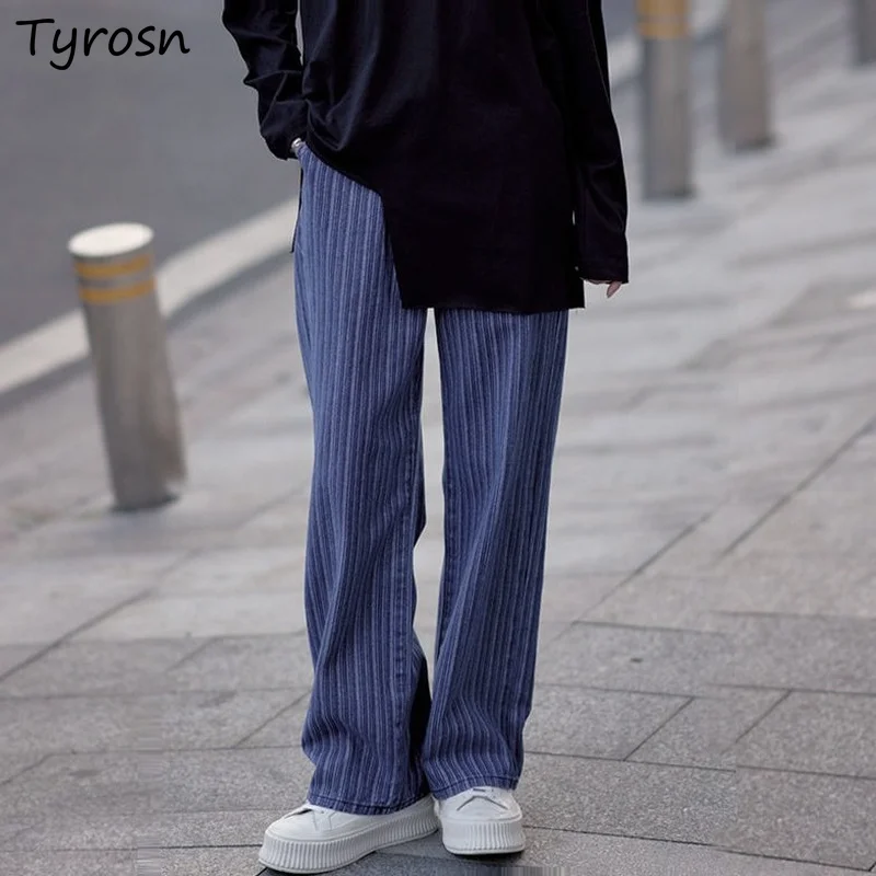 

Джинсы женские в полоску с завышенной талией, уличная одежда со вставками, брюки из денима с широкими штанинами в Корейском стиле, шикарные для подростков