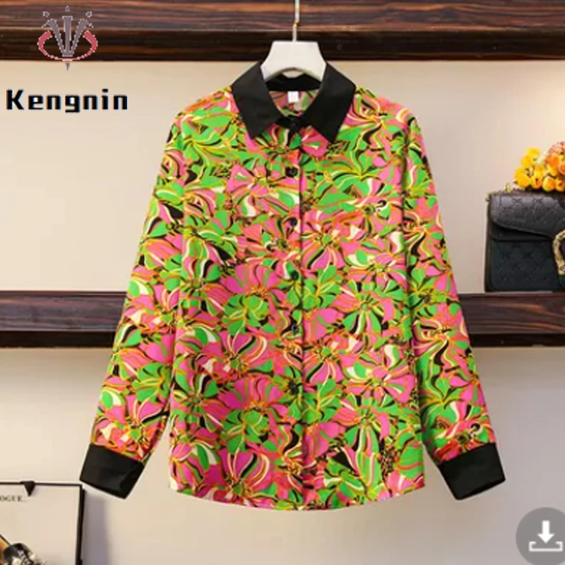 

European Chic New 2022 Spring Summer Women Blouse Loose Print Floral Ladies Shirts Plus Size Elegant Blause Female Tops KN335