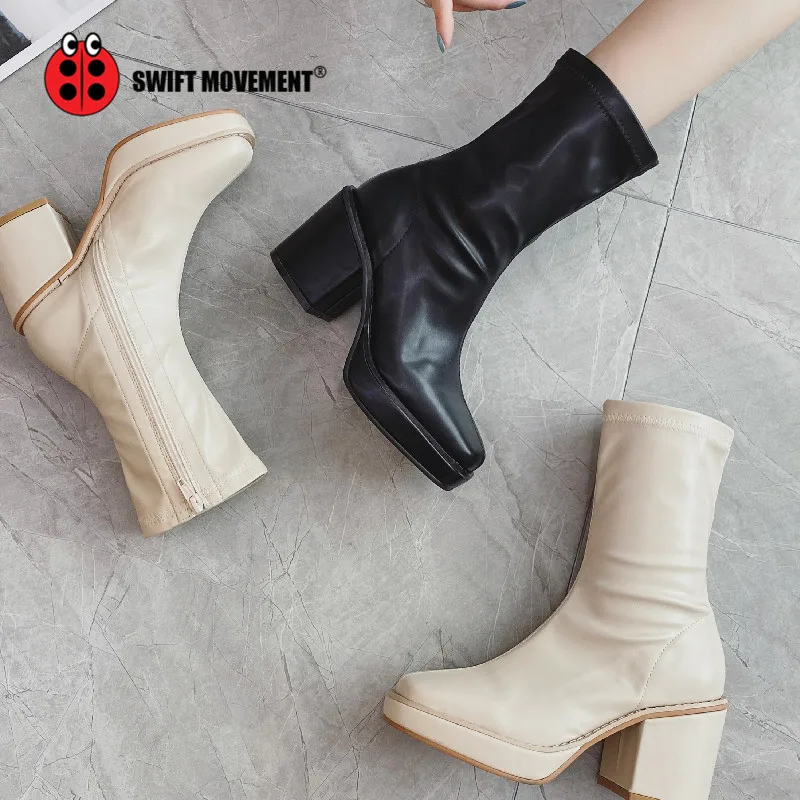 

Short boots women High heels boots Ladies shoes fashion Square toe Side Zipper boots Autumn