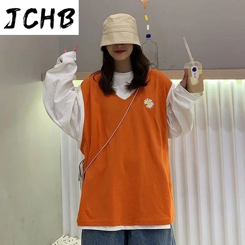 

2021 Fake Twopiece t Shirt Long Sleeve Streetwear Women Clothing Hip Hop Clothes Tops Korean Spring New Couple Tshirt