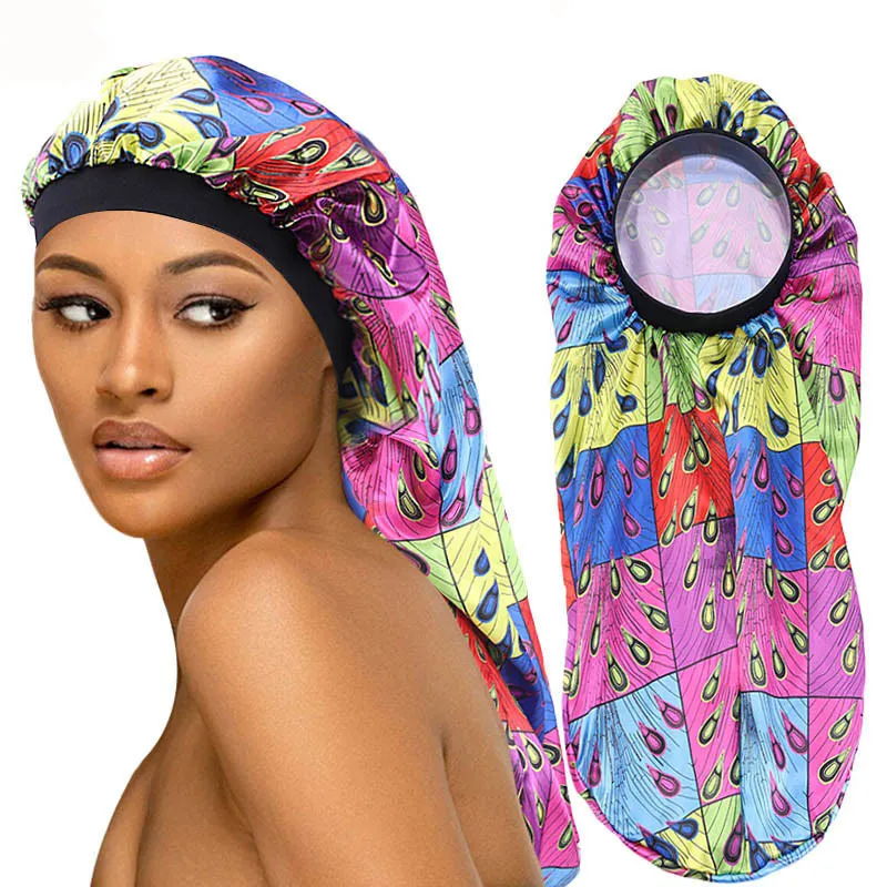 

African Fashion Long Bonnet Satin Silky Bonnet Night Sleep Cap Hair Care Chemo Cancer Hat Ladies Headwrap Pattern Print Turban