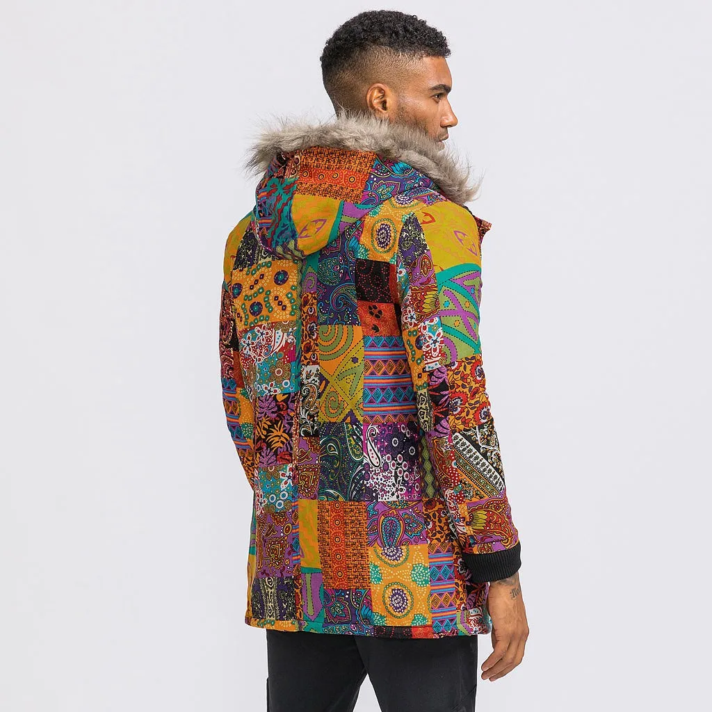 

Vogue Vintage men's Ethnic Style Hawaiian Style Indian-African Style Cotton And Linen Printed Coat Color Unique With Furry Hat