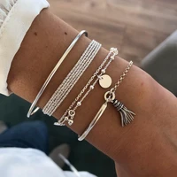 four piece silvertone chain bracelet set steel tassel wrist bracelet combination bangle set summer jewellry clothes accessories