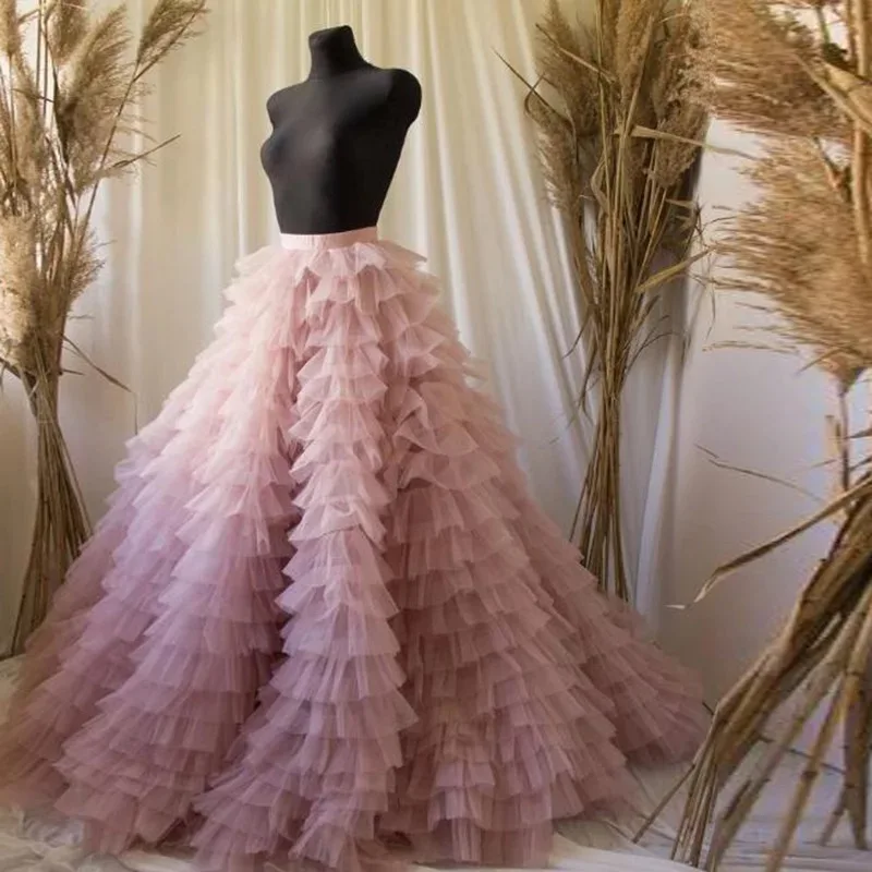 

FAKUNTN Custom Made Hot Gorgeous Dusty Pink Ruffles Bridal Tulle Skirts A-line Tiered Puffy Tutu Skirt Zipper Party Tutu