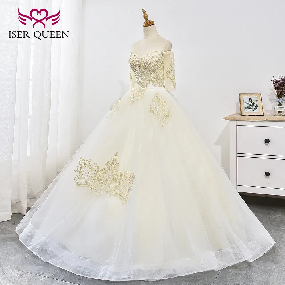 Luxury Half Sleeves Delicate Embroidery Sequined Beading Ball Gown Wedding Dress Lace up Ivory ashley carol Princess WX0025 | Свадьбы и