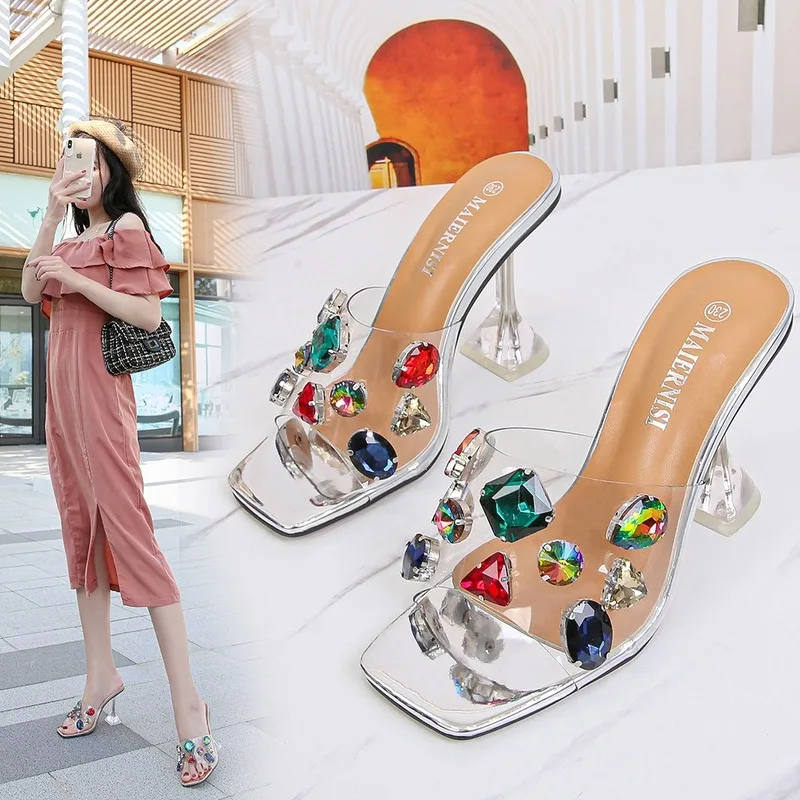

Summer Fashion Shallow Mouth Crystal High Heels Thin Heeled Casual Outer Wear Open Toe Large Size Women's Sandals WZ