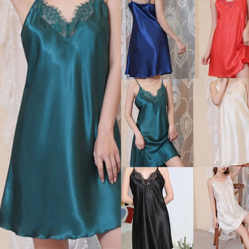 

Women Satin Spaghetti Strap Lingerie Nightgown Sexy Eyelash Lace Deep V-Neck Nightdress Solid Color Chemise Sleepwear