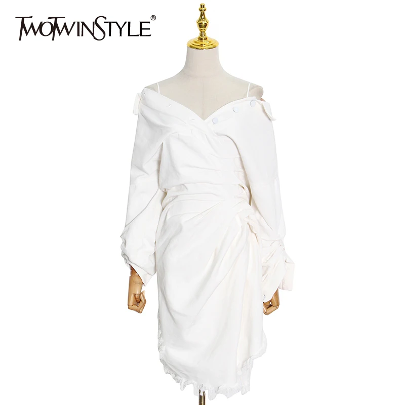 

TWOTWINSTYLE White Sexy Dresses For Women Boat Neck Long Sleeve Cold Shoulder Gathered Waist Mini Dress 2021 Summer New Clothing