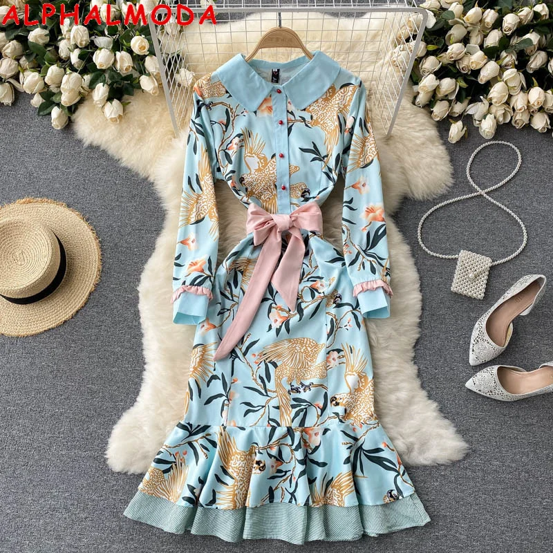 

2021 Autumn Ladies' Elegant Dress Peter Pan Color Flora Printed Sashes Bow Women Slim Sweet Mermaid Dress