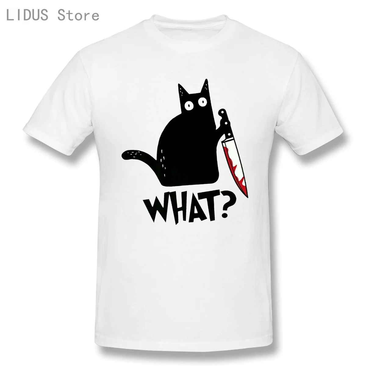 

Cat What T Shirt Murderous Cat With Knife Funny Halloween 100% Cotton T Shirt Gift High Quality T-Shirts Halloween Present