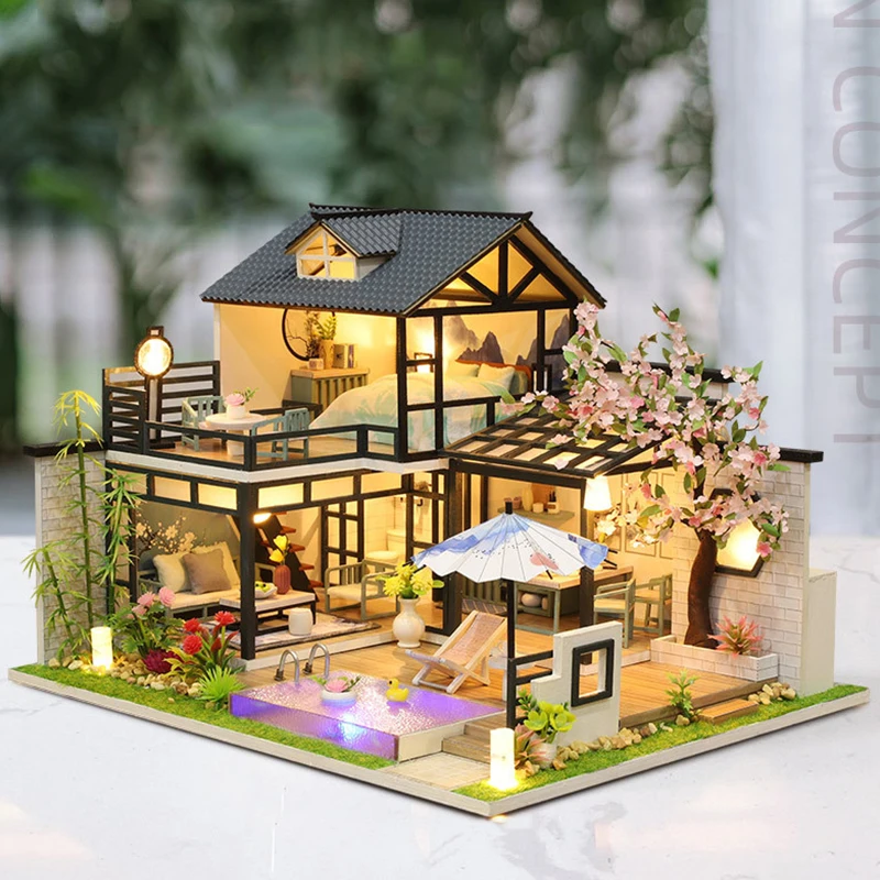 S Japanese Villa Mini Houses Model 1:24 Wooden Doll House Fu