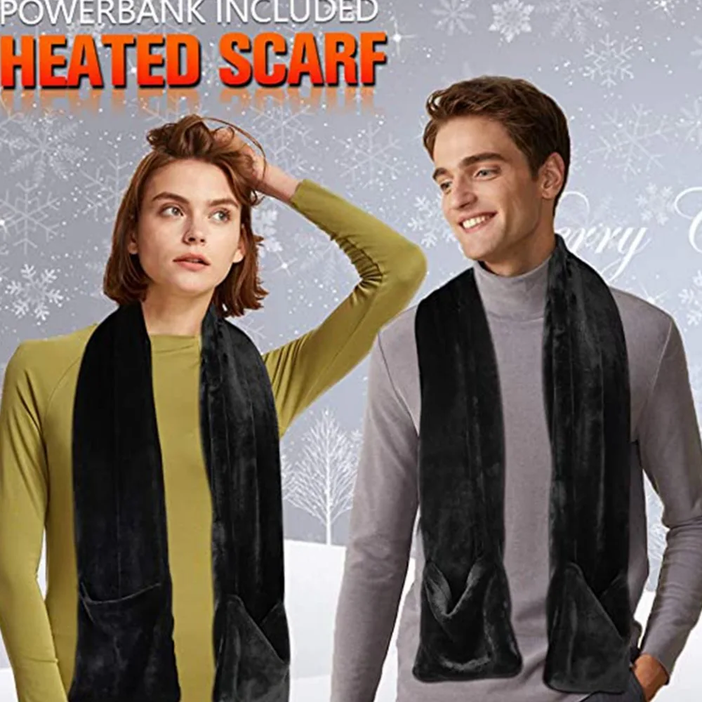 USB heating solid color scarves for men and women  simple and casual  black shawl lengthened twill shawl fleece warm scarf