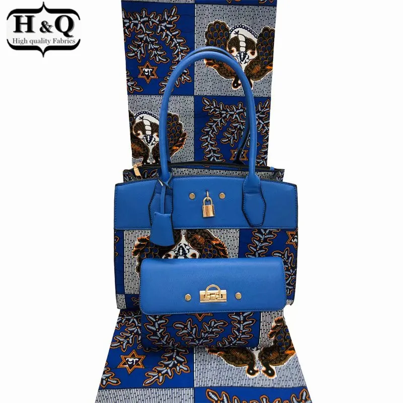 

H&Q african wax bags three-piece big handbag and small purse match 6 yards embroidery batik lace 100% cotton wax fabric ZC1240