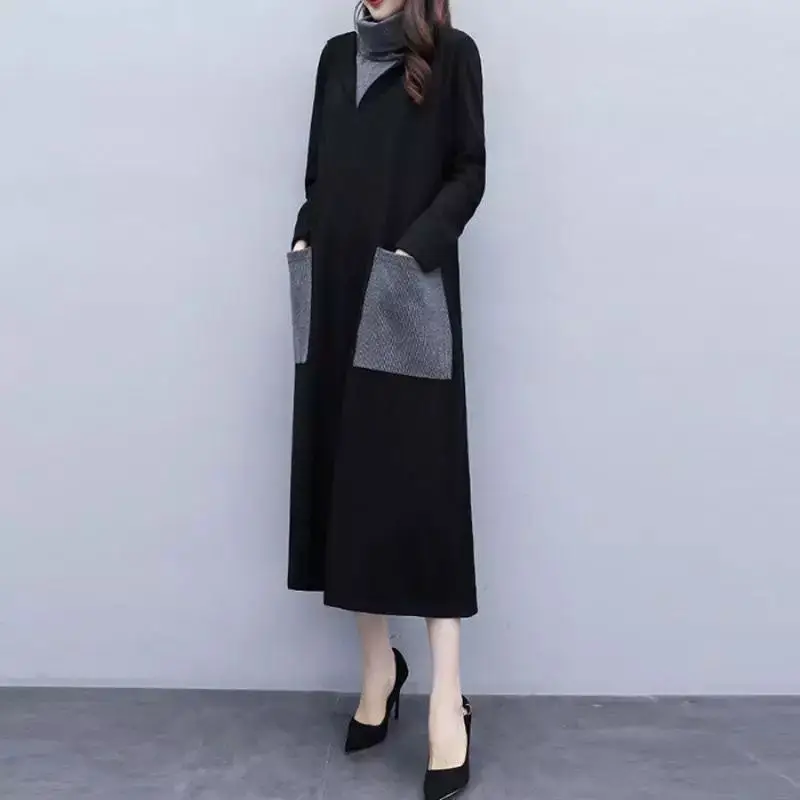 Осень зима 2021 женское Свободное длинное платье большого размера строченное