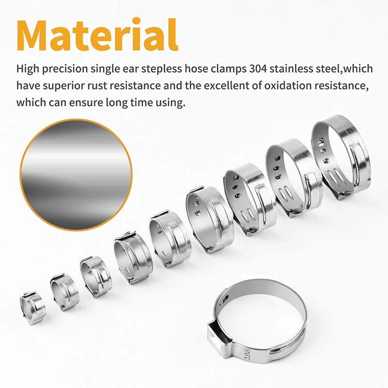 

SHGO HOT-100Pcs 304 Stainless Steel Single Ear Hose Clamps 10 Sizes with Ear Clamp Pincer 6-28.6mm Stepless Hose Clamps