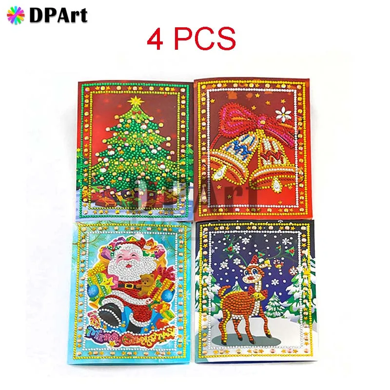 4pcs Алмазная картина открытка Рождественская открытка поздравительная открытка на день рождения подарок 5D круглая дрель Санта-Клаус С Рождеством M992 - Цвет: 4pcs