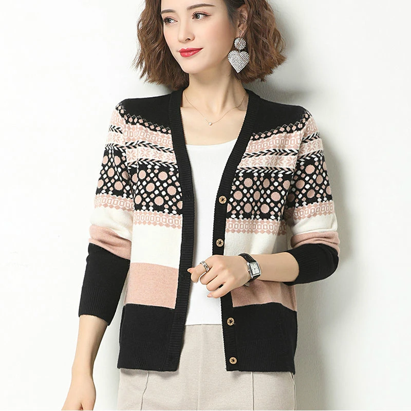 

Vintage Geometric Sweater Knitted Cardigan Women Spring Autumn Long Sleeve V Neck Outerwear 2021 Elegant Knitted Ladies Sweaters