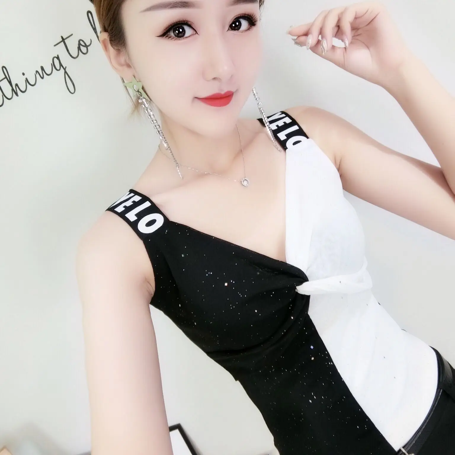 

Color matching letter suspender V-neck vest T-shirt sexy low chest stretch slim women's summer new