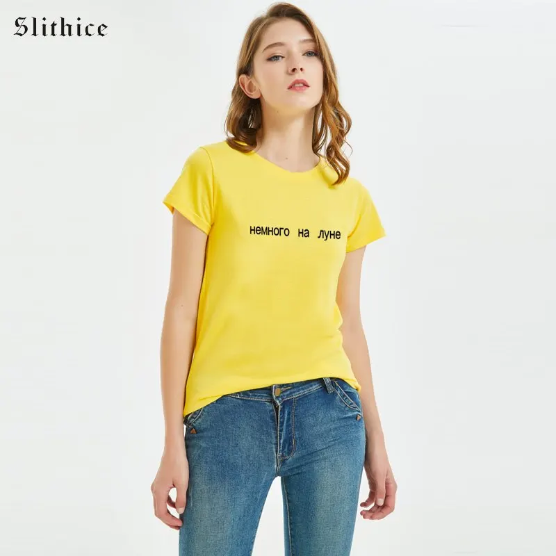 

Slithice Summer New T-shirts Women Russian Inscription Style Letter Print tshirt female tops Short sleeve Casual t-shirt shirt