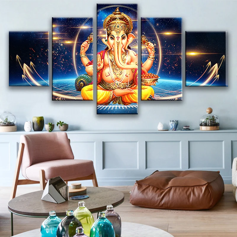 

Wall Art HD Prints Canvas Pictures 5 Pieces Hindu Ganesha Painting Living Room Elephant Head God Poster Modular Home Decor Frame
