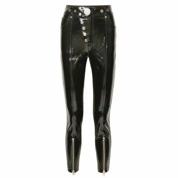 

Nieuwe tij Punk stijl hoge taille shiny PU lederen broek strakke broek lakleer knop rits Vrouwen potlood broek