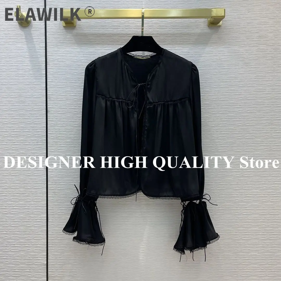 

Женская атласная футболка в стиле пэчворк, черная Элегантная универсальная футболка с длинным рукавом и расширяющимся книзу кружевом, весн...