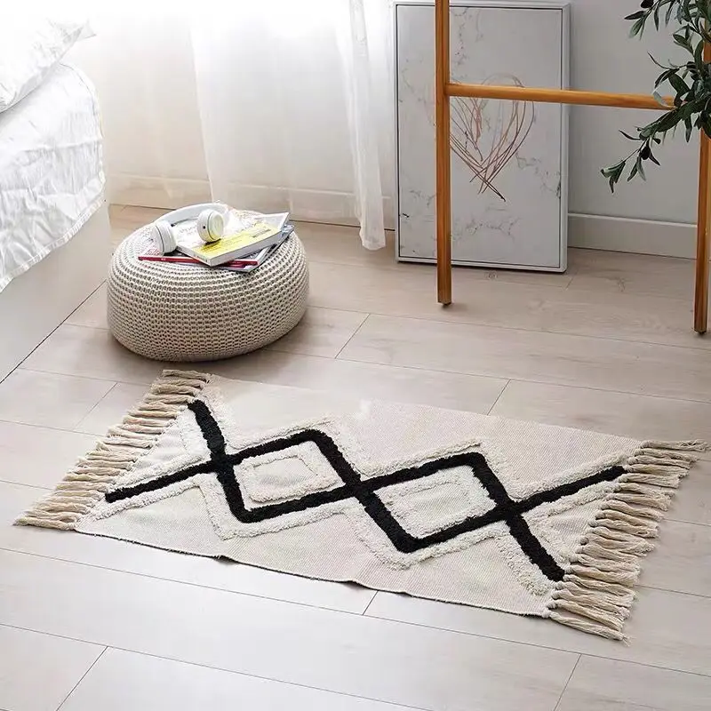

Linen Cotton 3D Velvet Chenille Rug Carpet Sofa Coffee Table Foot Handmade Tassel Carpet for Home Living Room Machine Washable