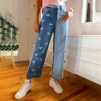 color matching love print jeans womens 2021 new girls reduced age high waist straight pants casual capris free shipping